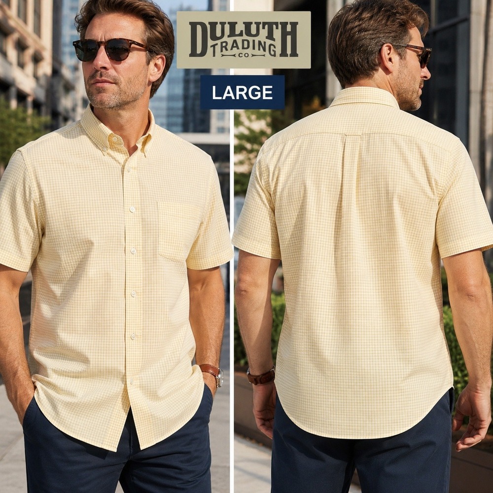 Duluth Trading Co Mens Large Yellow Check Short Sleeve Button Down Cotton Shirt